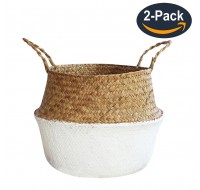 Foldable Flower Basket (2Pack) Household Decorative Flower Basket Toys Laundry Storage Bin Foldable Woven Straw Basket, Pot Basket with Handle-Natural Color(Small)