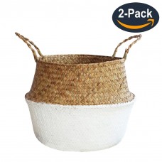 Foldable Flower Basket (2Pack) Household Decorative Flower Basket Toys Laundry Storage Bin Foldable Woven Straw Basket, Pot Basket with Handle-Natural Color